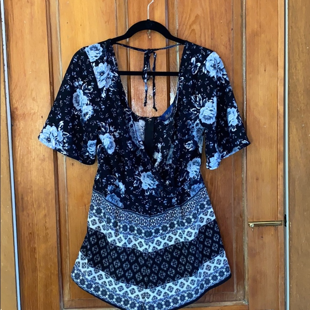 Black white and blue floral romper